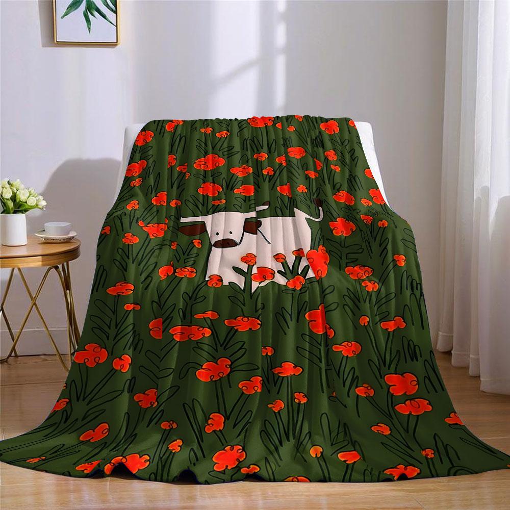 Cartoon Cow In Floral Field Flannel Blanket Warm Soft Halloween Christmas Couch Warm Cozy Decorative Decor Gift for All Season