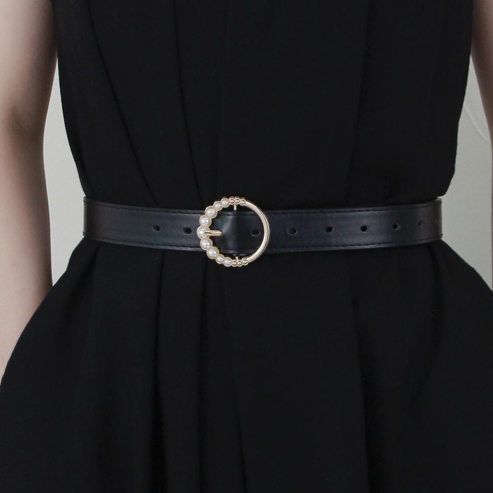 New Fashionable Round Pearl Buckle Women’s Leather Belt Korean-Style Beaded Versatile Minimalist Retro Jeans Belt