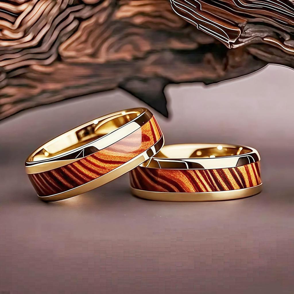 Men's Fashion Titanium Steel Ring with 8mm Acacia Pattern Inlay Wood Grain Design