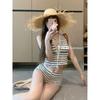 Premium Korean Striped Neck Split Flat Angle Swimsuit Women's Hot Spring Resort Bikini Conservative INS Pure Desire