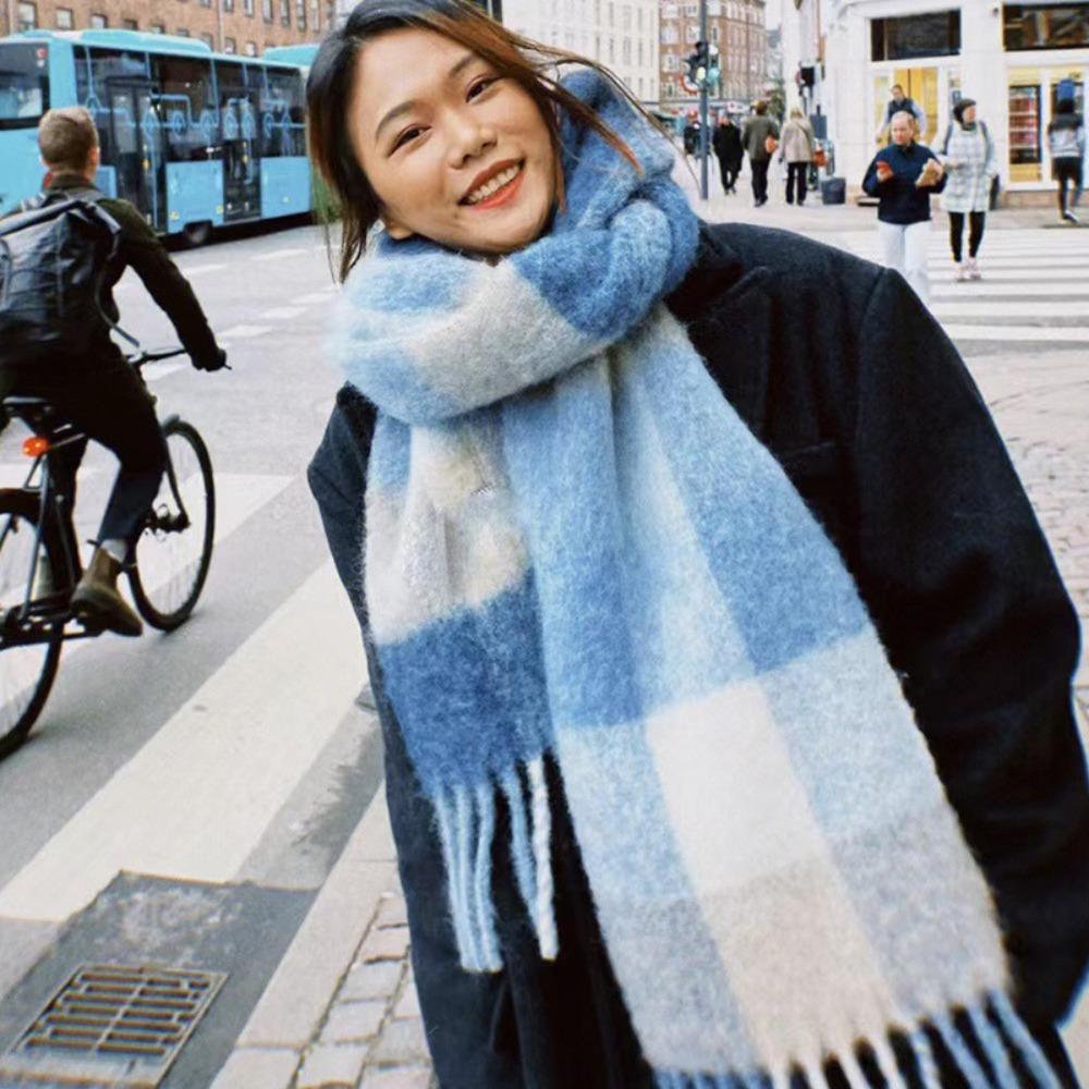 Female Korean Style Cashmere Scarf Long Tassel Gradient Tie Dye Scarf Rainbow Winter Plaid Shawl