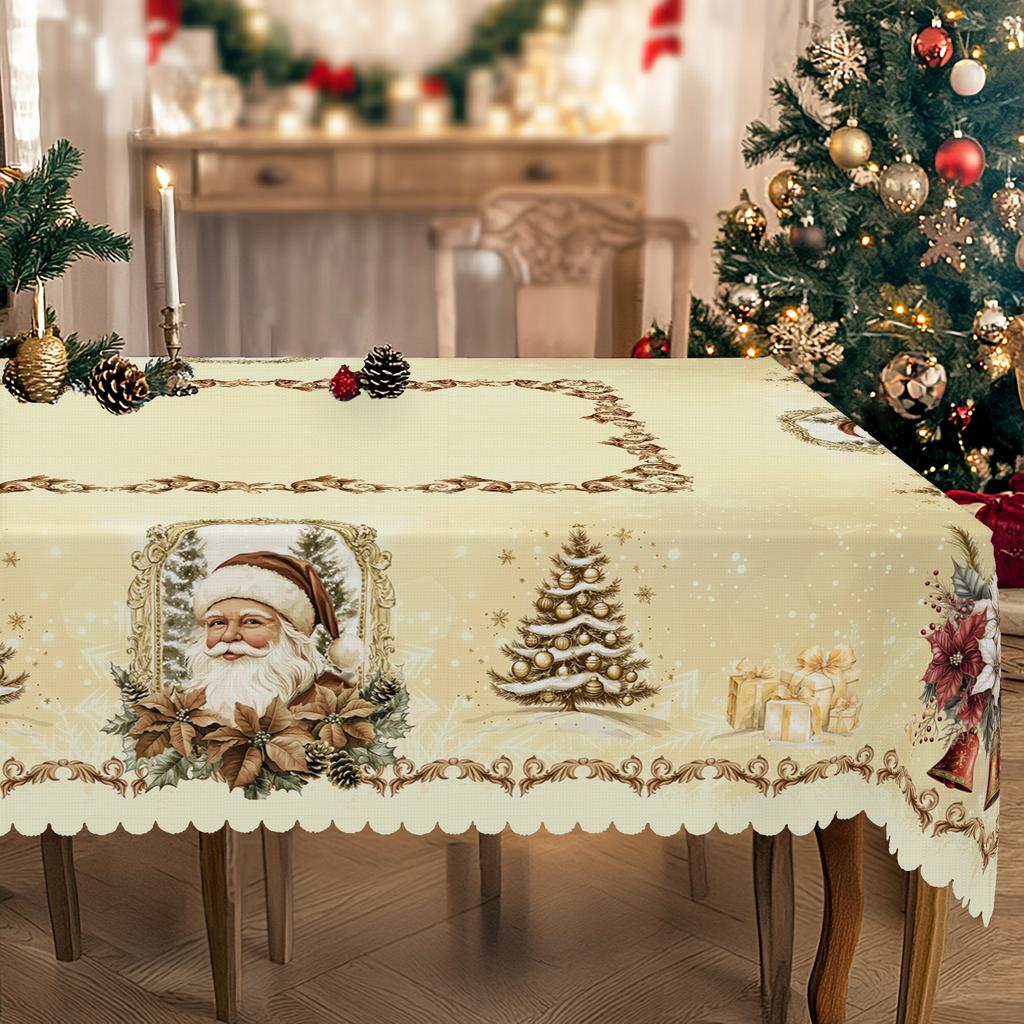 1 Piece Christmas-Themed Round And Rectangular Tablecloth, Various Sizes, Santa Claus Reindeer Vintage Gold And White Tablecloth, Christmas Yard Table