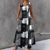 Summer Women's Geometric Print Maxi Dress Sleeveless Crew Neck Pocket Casual A-Line Long Sundress Vintage Loose Beach Vacation Dress