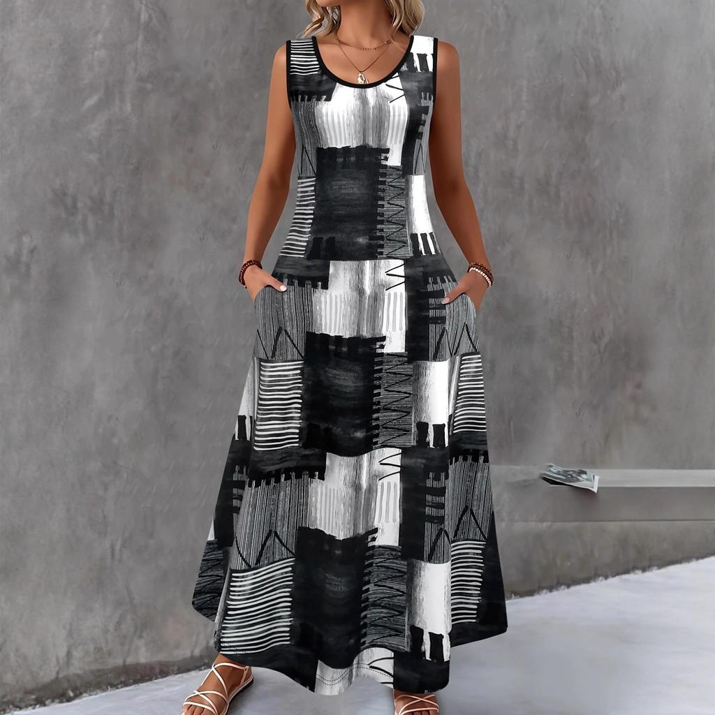 Summer Women's Geometric Print Maxi Dress Sleeveless Crew Neck Pocket Casual A-Line Long Sundress Vintage Loose Beach Vacation Dress