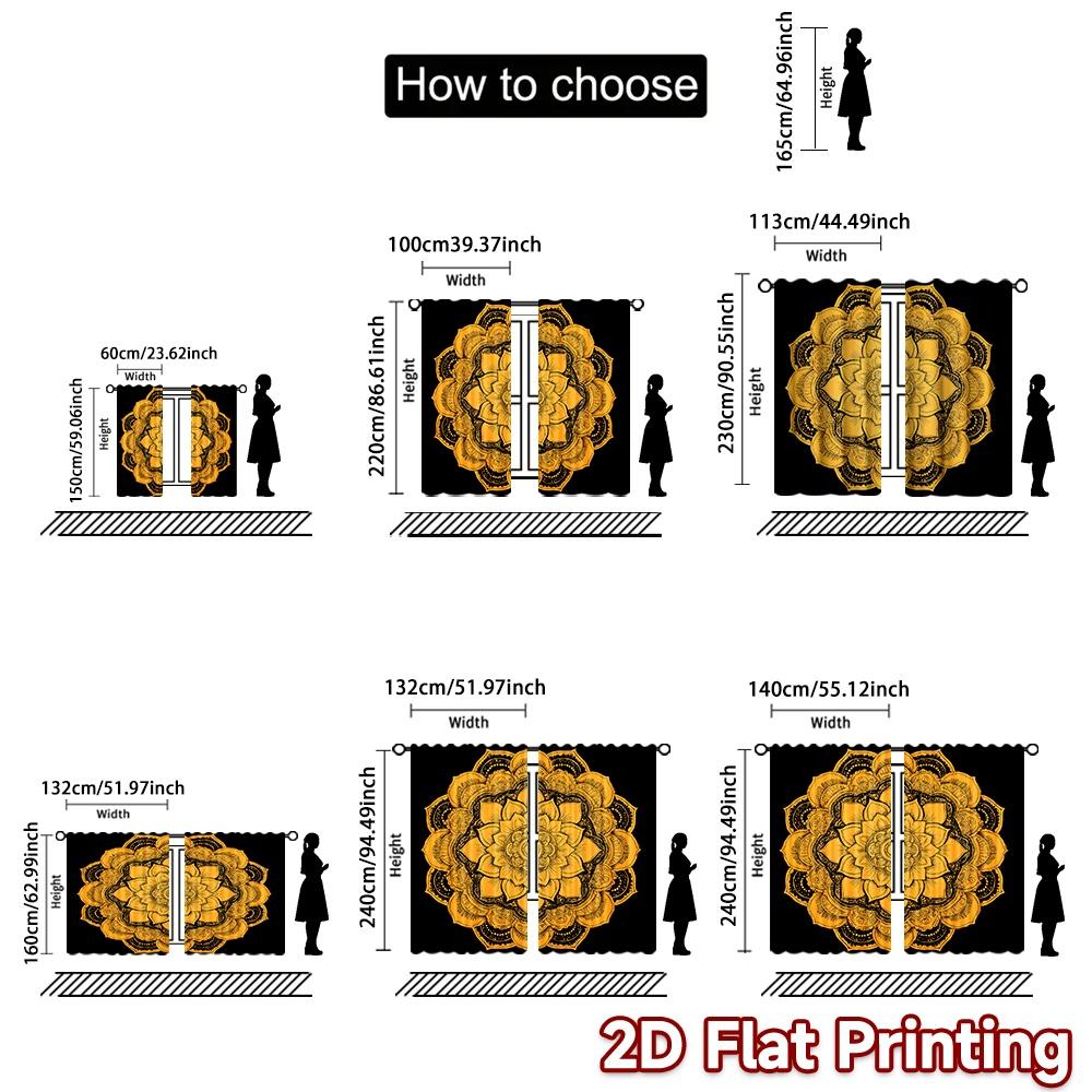 2D FLAT PRINTING 2pcs Curtains (Without Rod) Golden Mandala Design Valentine is day Festival Fashion Curtains Durable Polyester