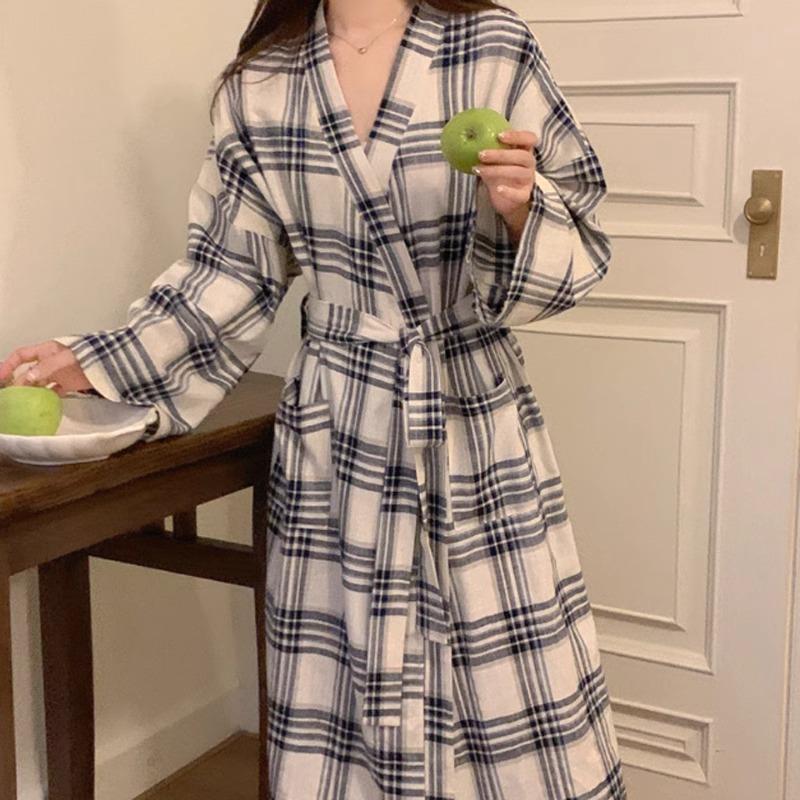 

Халат женский банный клетчатый свободный с длинным рукавом длинное кимоно с V-образным вырезом на шнуровке брюки ночная сорочка сексуальный халат XXL чёрный