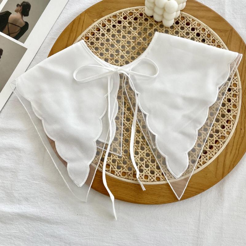 Korean Women White Cotton Fake Collar Shawl Wrap Hollow Out Floral Fish Scales Necklace Scarf Embroidery Short Poncho Dropship