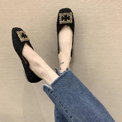 Damen Square Toe Ballerinas Herbst Neu Flache Mund Strass Quadratische Schnalle Schuhe