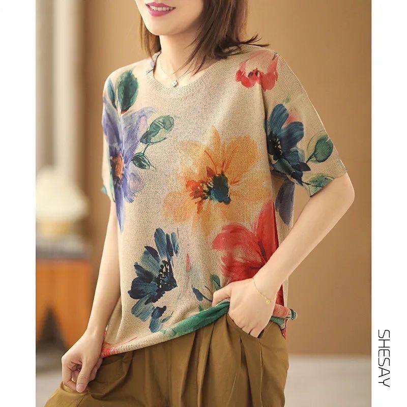 Harajuku Retro femei, vară, toamnă, modă, haine, epocă, imprimeu floral, gât rotund, cu jumătate de mânecă, tricot, pulovere, pulovere largi