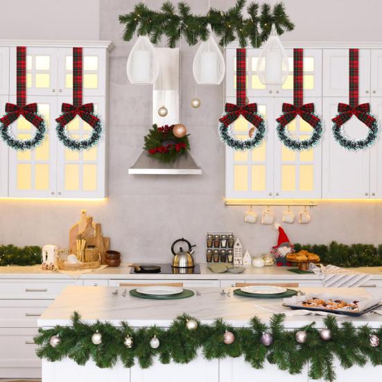Mini Christmas Cabinet Wreaths 5.1 Inch Small Kitchen Xmas Decor with Red Ribbon Bow Plastic Rattan Fabric Window Door Office Holiday Decoration