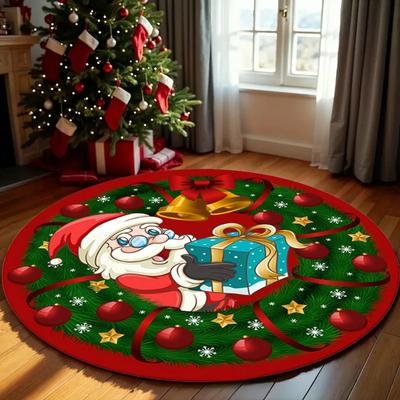 Festlicher Weihnachtskreis-Teppich mit Nikolaus- und Rentier-Rudi-Design Feiertags-Themen-Fußmatte für Wohnzimmer Sofabereich Heimteppich Dekoration