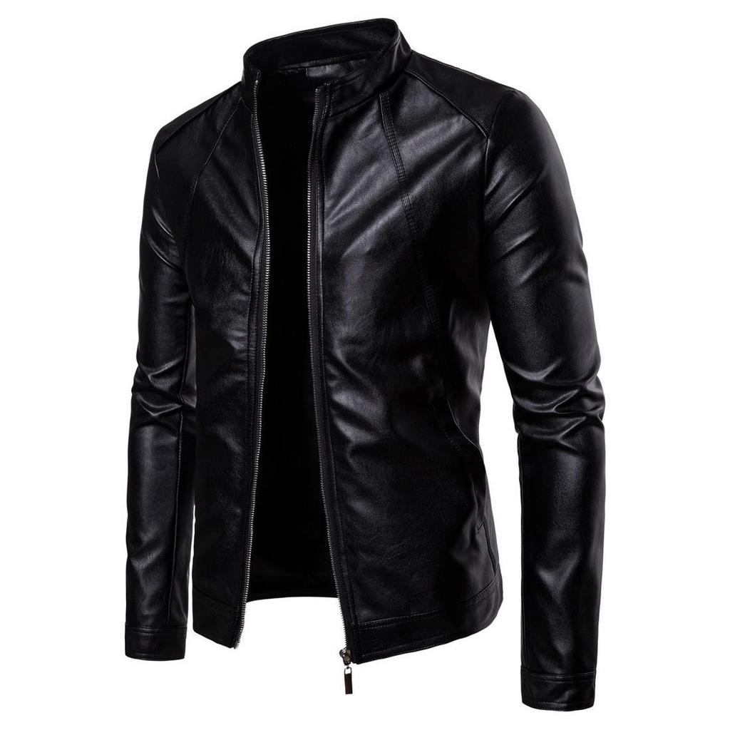 European Men's Stand-Up Collar Solid Color Motorcycle Leather Jacket, Autumn/Winter 2023, Code B041.