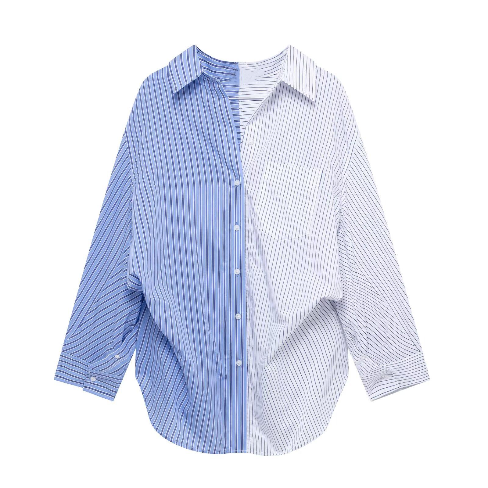 

Spring 2025 Women s Striped Poplin Patchwork Loose Turn-Down Collar Shirt L