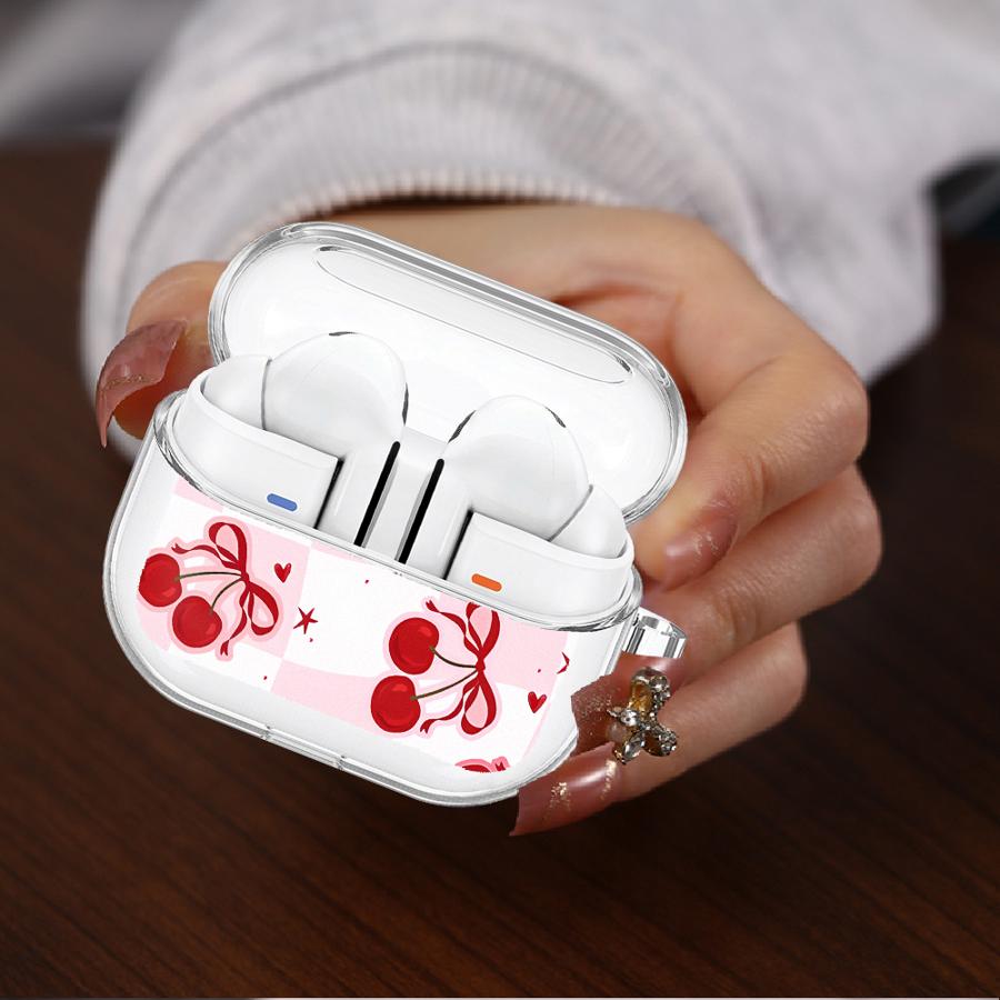 Clear Earphone Cases Cover With Hook Case For Samsung Galaxy Buds 3 FE 3Pro Live 4Pro 2 4 Pro 2Pro Red Lovely Cherry