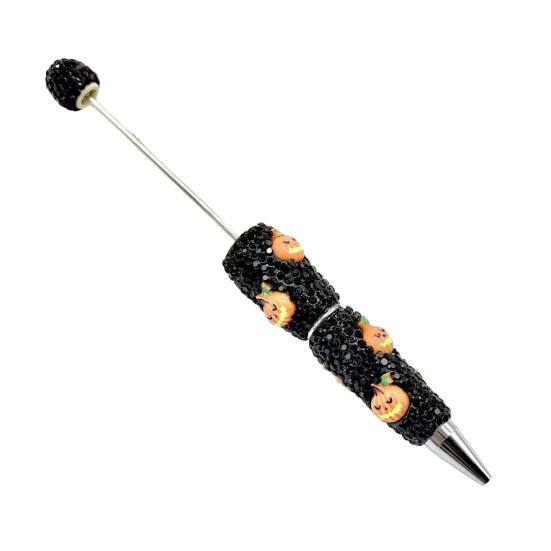 Rhinestone Writing Pen Beadable Pen, Glitter Plastic Beaded Halloween Pumpkin Ghost Skull Decorative Gel Ink for DIY Craft Making, School Office