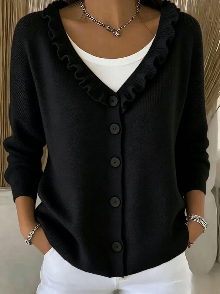 European Autumn/Winter Ribbed Knit V-Neck Cardigan Sweater for Women