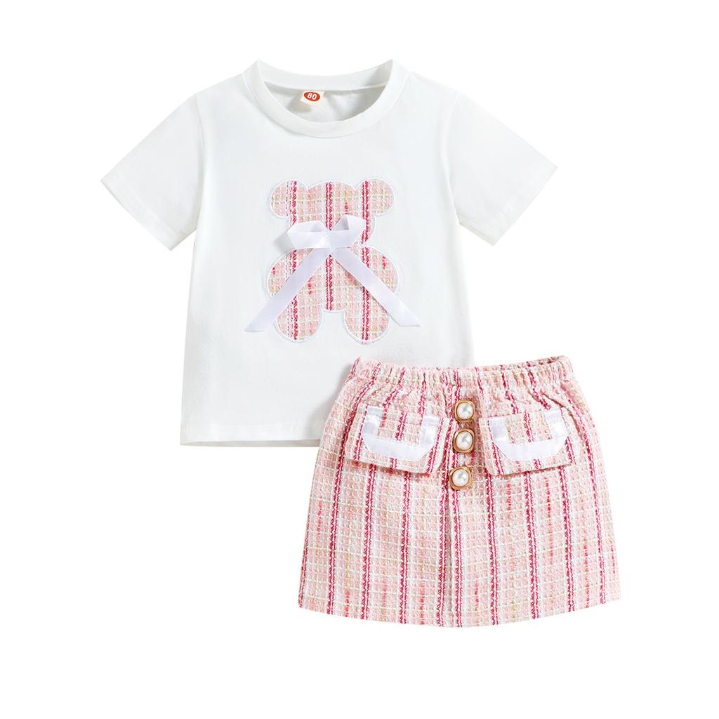 Girls Fashion Set Summer Children's Bear Bow Pullover Short Sleeve T-shirt Skirt Set