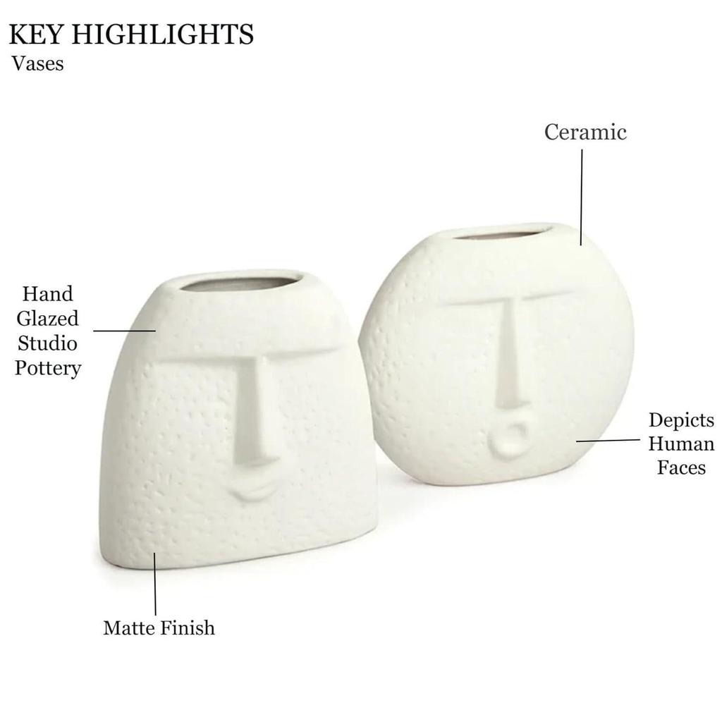 Ceramic White 'Kiss Face Vase' | Vases for Home Decor Decorative Vase for Dried Flowers and Pampas Grass - Set of 2