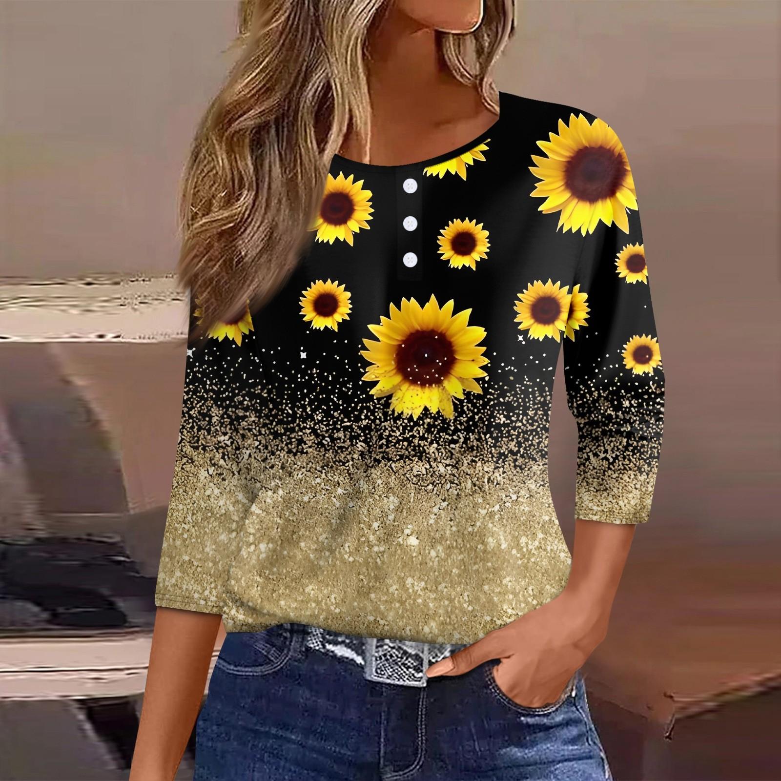 

Жен. Футболка Футболка с принтом Пуговицы Рукав 3/4 Повседневные Выходные Мода Классический Круглый вырез Обычный Топ XXL золотой