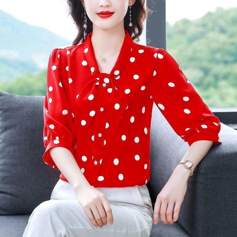 Modisches, viertelärmeliges Chiffon-Hemd mit Schalkragen, bodenlange Bluse, schmale Passform, Sommer, dünnes, kurzes Polka-Dot-Print-Top, M-5XL