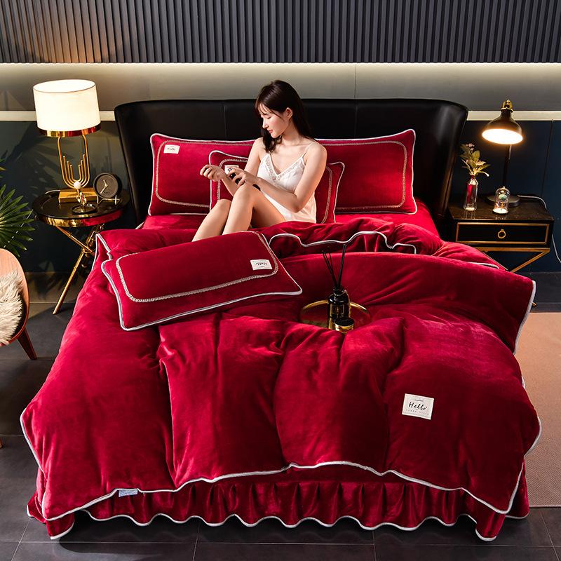 Solid color milk fleece four-piece set, winter thickened warm student dormitory bed sheet four-piece set
