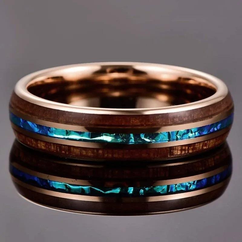8mm Men Rose Gold Color Stainless Steel Rings Inlay Hawaiian Koa Wood and Abalone Shell Rings For Men Wedding Jewelry