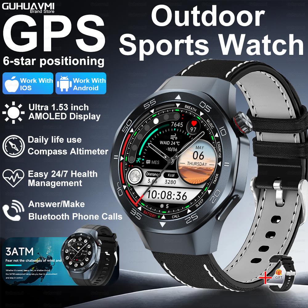 New GPS Position Smart Watch Men 1.53'' AMOLED HD Screen Compass Heart Rate 3ATM Waterproof Call Sports Business Smart Watch