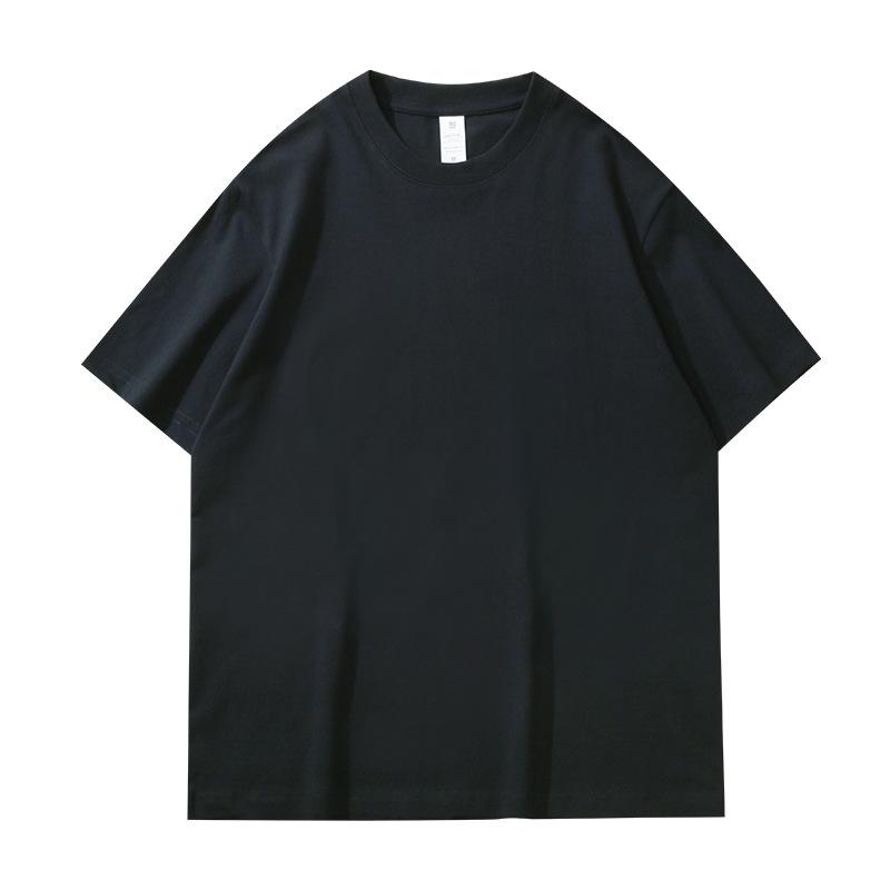 T-shirt bianca girocollo larga da 230g in puro cotone pesante con design versatile e logo stampato personalizzato.