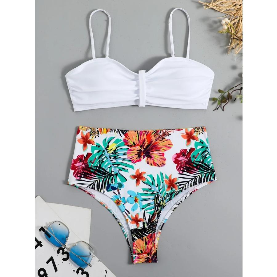 Sexy Solide Bandeau Bikini Set Frauen Tropical Gedruckt Bademode Weiblichen Push-Up Badeanzug Hohe Taille Badeanzug Krawatte Zurück Beachwear
