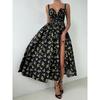Women's Summer Lemon Floral Print Spaghetti Strap Midi Dress Tie Front Low Cut High Waist Side Slit Elegant Vacation Party Dress