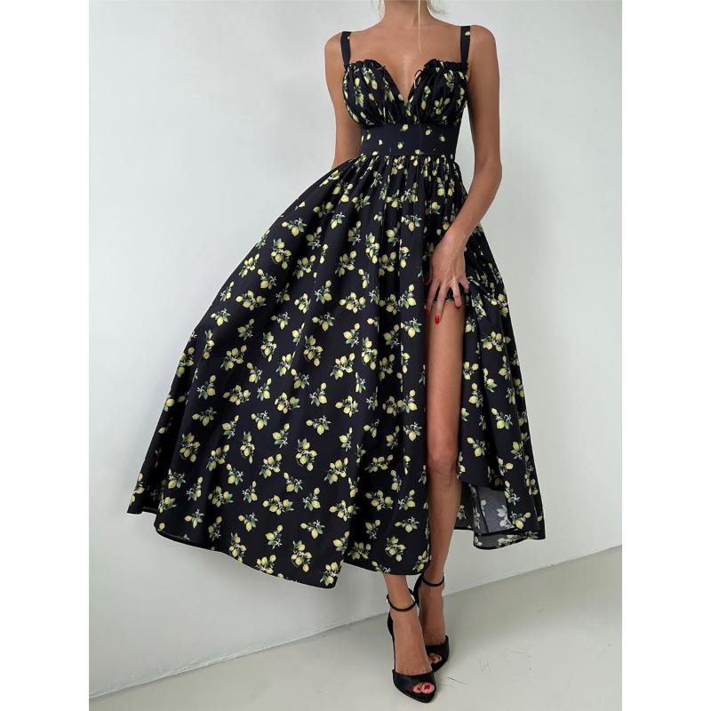 Women's Summer Lemon Floral Print Spaghetti Strap Midi Dress Tie Front Low Cut High Waist Side Slit Elegant Vacation Party Dress