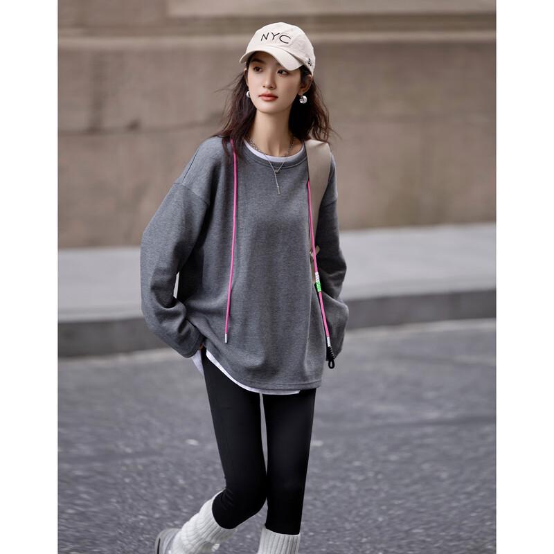 Demana Women's College Style Round Neck Sweatshirt with Contrast Drawstring