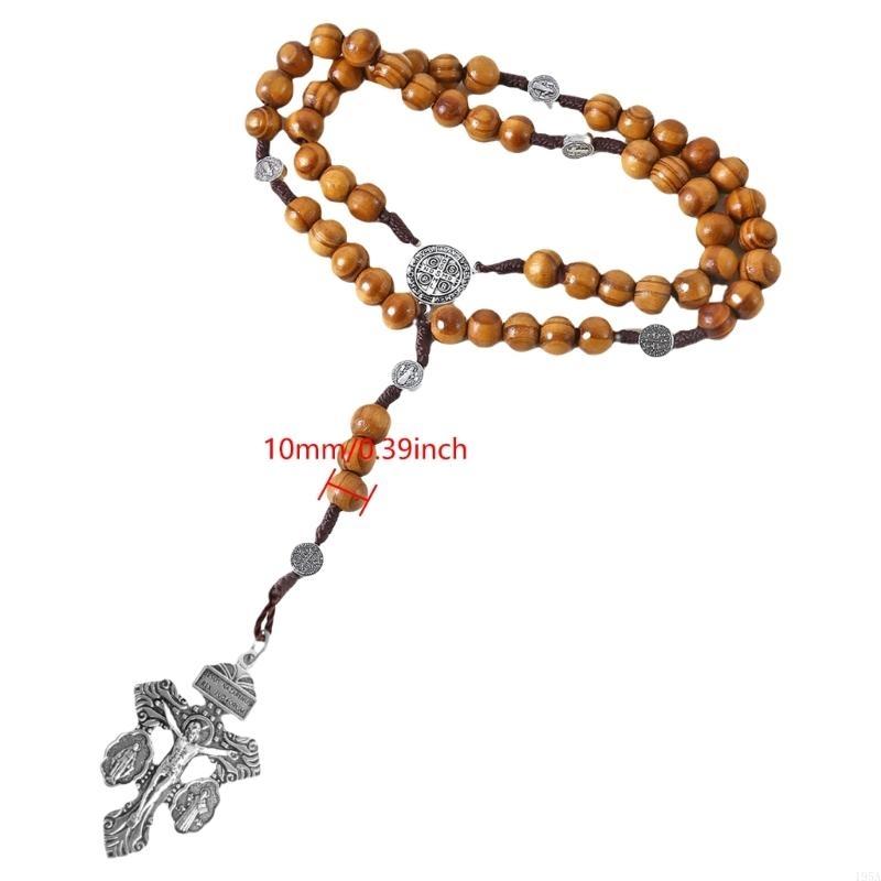 Braided Wood Beads Chain Rosary Necklace with Pardon Crucifix Crosses Medals Pendant Christians Religious Communion Gift