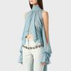 Women's Sleeveless Bell Sleeve Top with High Neck and Crop Hem In Light Blue