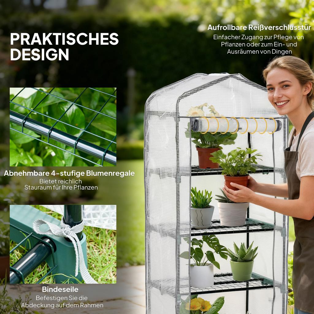 4 Tier Mini Portable Greenhouse Compact Plant Grow Shed Metal Frame PE Cover with Lockable Rolling Wheels, White