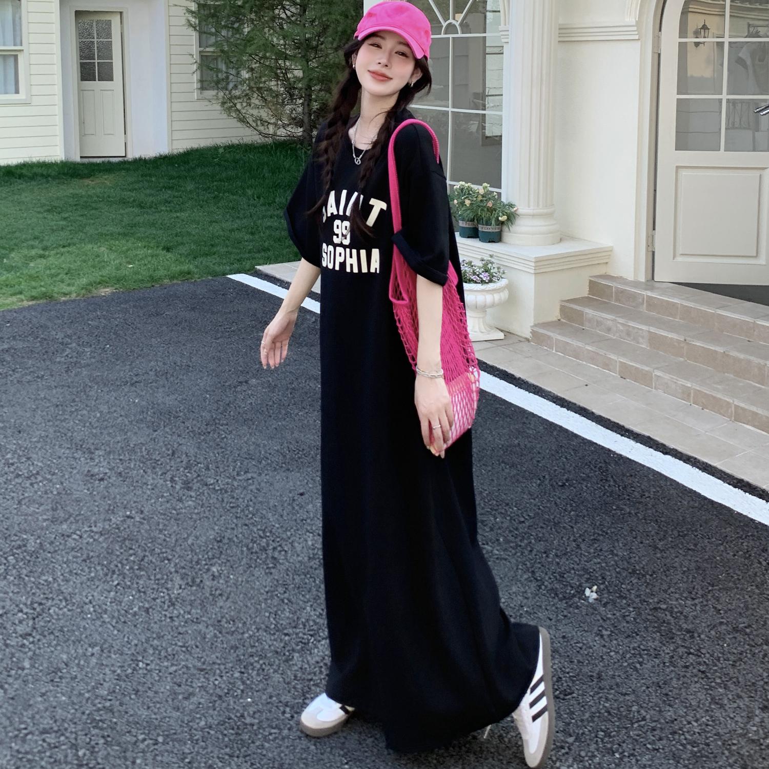 

DIMANAF Women 2025 Plus Size Dress Summer Vintage Dress Basic Long Casual Loose Letter Printing Dress Maxi 4XL чёрный