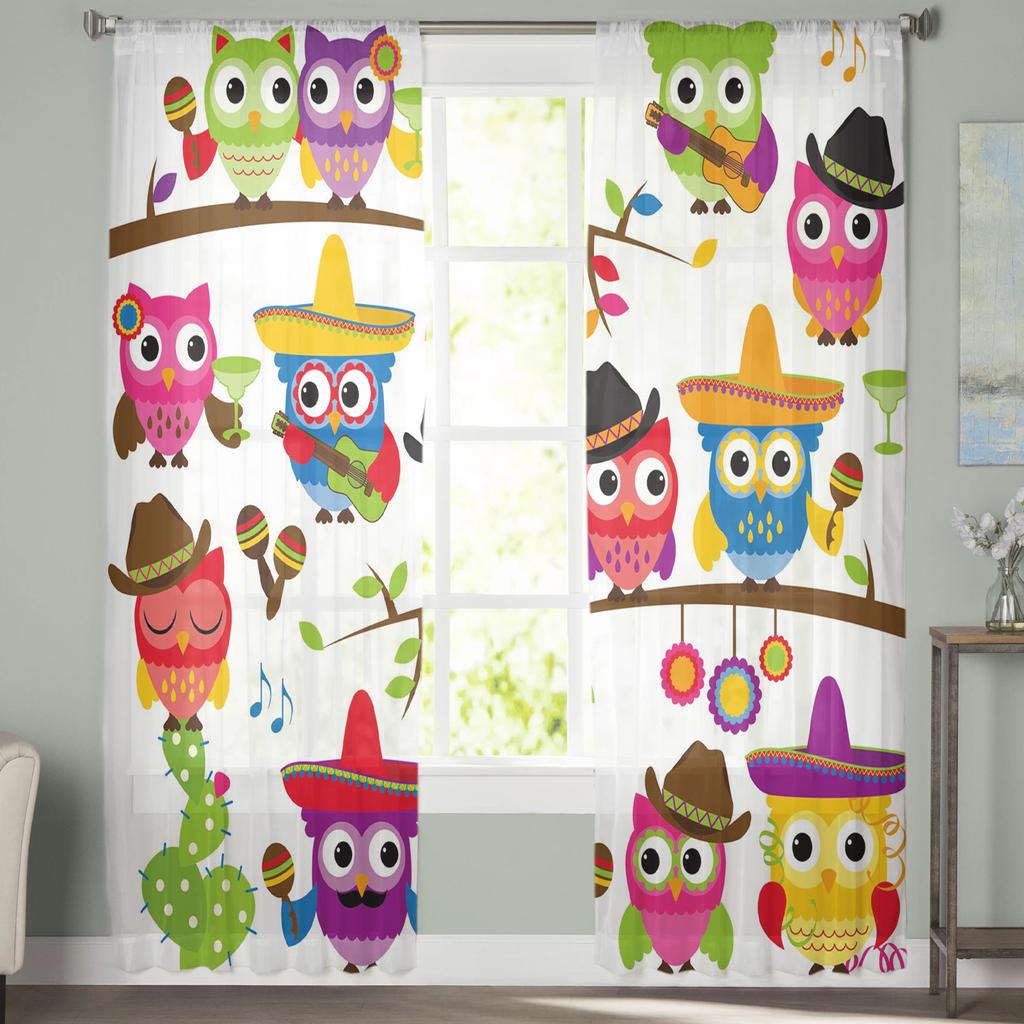 Colorful Owl Cactus Music Guitar Chiffon Sheer Curtains for Living Room Bedroom Home Decor Window Voile Tulle Curtain Drapes
