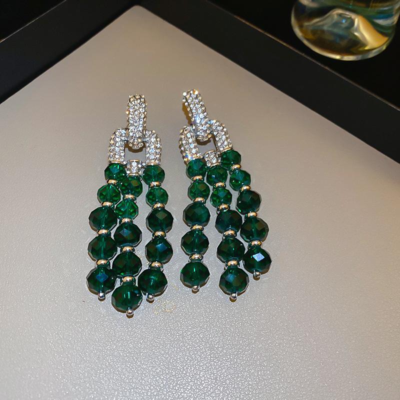 Emerald diamond leaf fringed earrings light luxury stud earrings women's European and American earrings