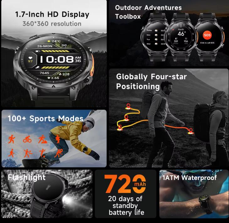 MK100 GPS Smart Watch With Flashlight 1.7Inch 10M Waterproof Compass Outdoor Air Pressure Men Health Smartwatch 2026