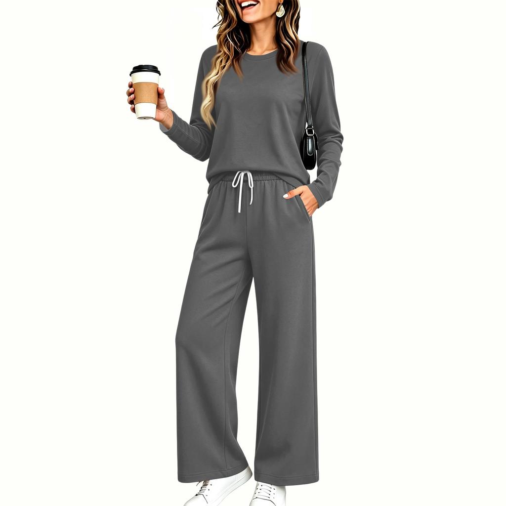Women's Pajama Set with Pockets, Long Sleeve Round Neck Loose Fit Sleepwear for Home