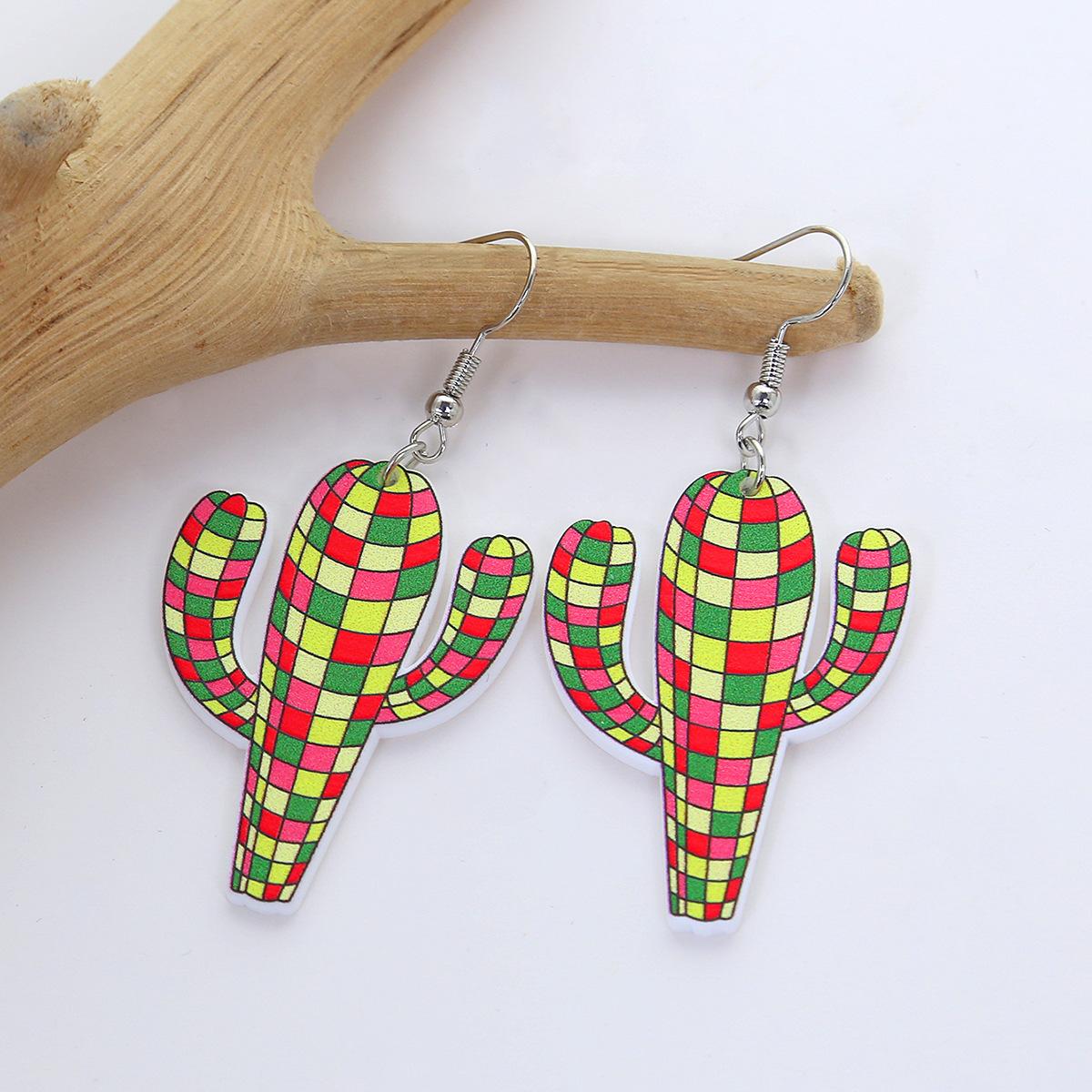 Personalized And Creative Checkered Colored Cactus Earrings, Exaggerated Acrylic Cow Pattern Earrings