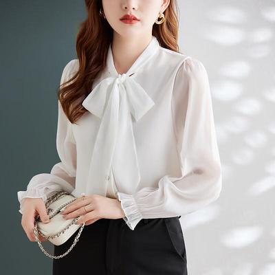 Trueman Women's Chiffon Long Sleeve Bow Blouse