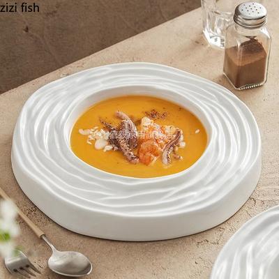 Piatto Fondo in Ceramica Bianca Pura con Motivo ad Onde d'Acqua Piatto per Zuppa Spessa Piatto da Dessert Piatto per Sushi Piatto Speciale per Cucina Molecolare Ristorante