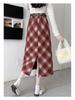 Plus Size Korean-Style Plaid Wool Skirt with Belt for Women