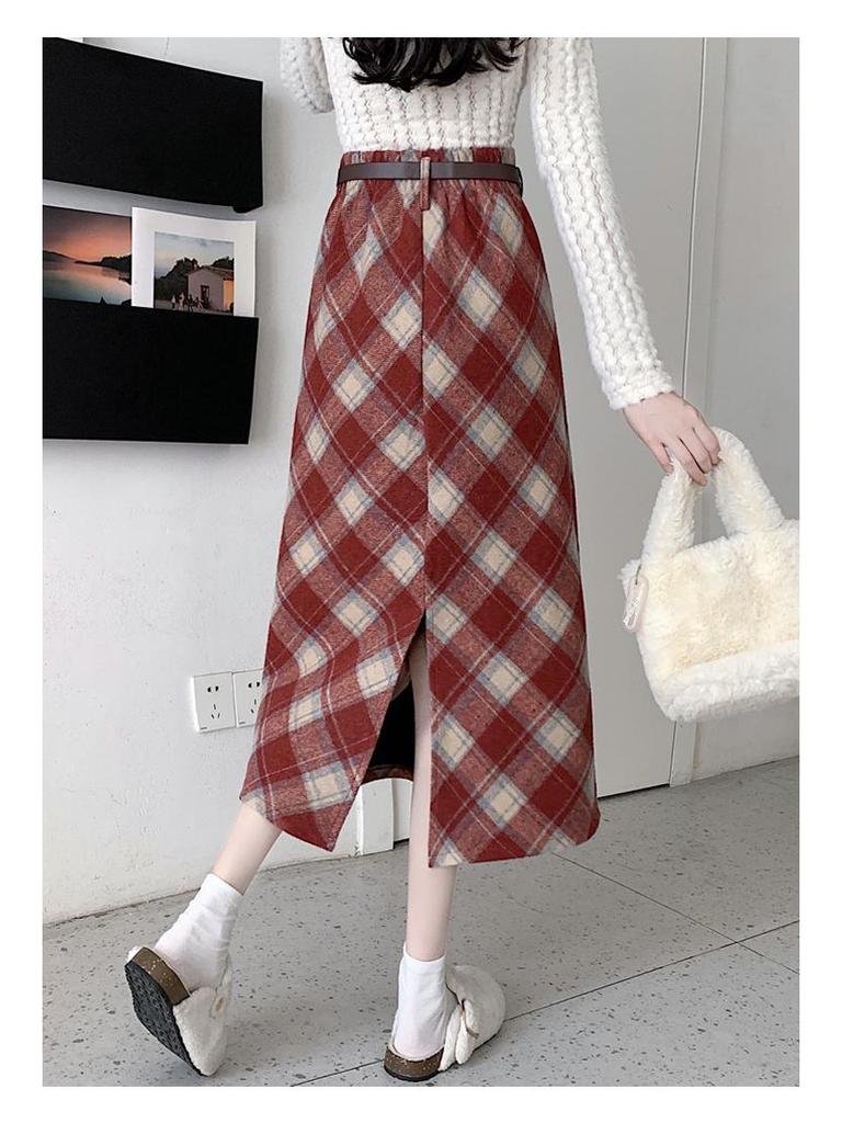 Plus Size Korean-Style Plaid Wool Skirt with Belt for Women