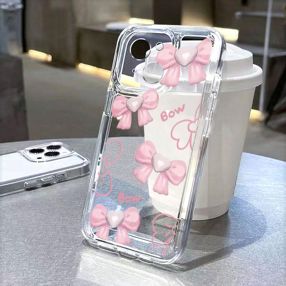 Pink Bows with Heart Center lucency Phone Case for IPhone 14 15 16 13 12 11 17 Pro Max 12 13 Mini Soft Cover