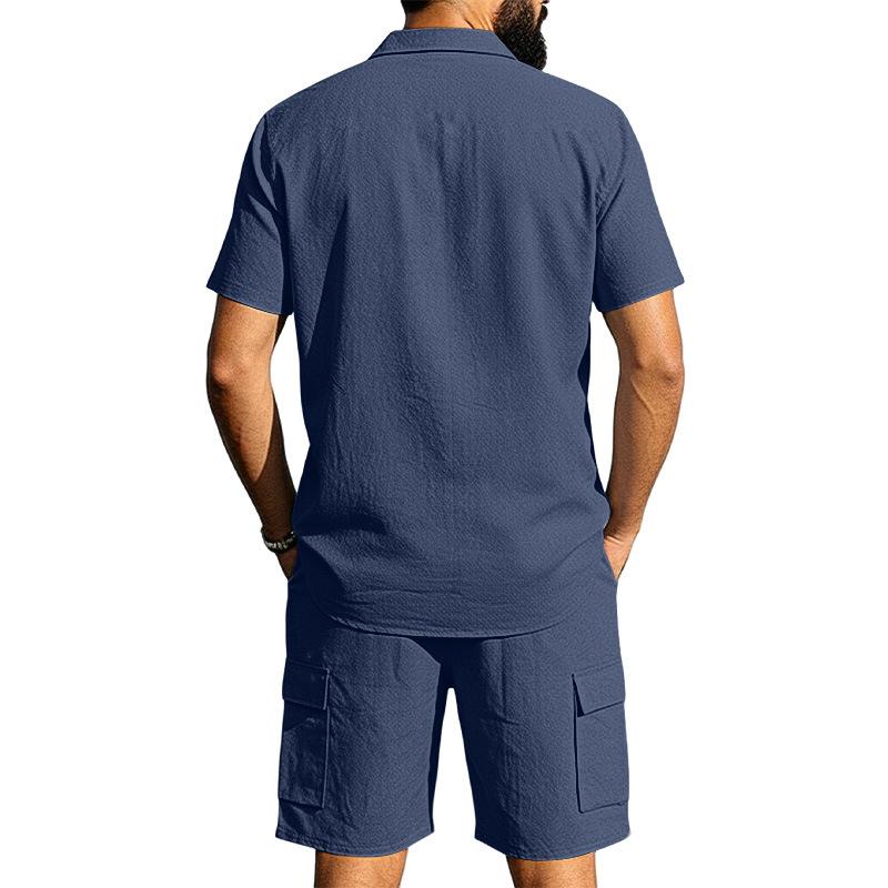 Casual Solid Color Linen Two Piece Sets Mens 2026 Spring Summer Fashion Short Sleeve Shirts and Shorts Outfits Men Linen Suits