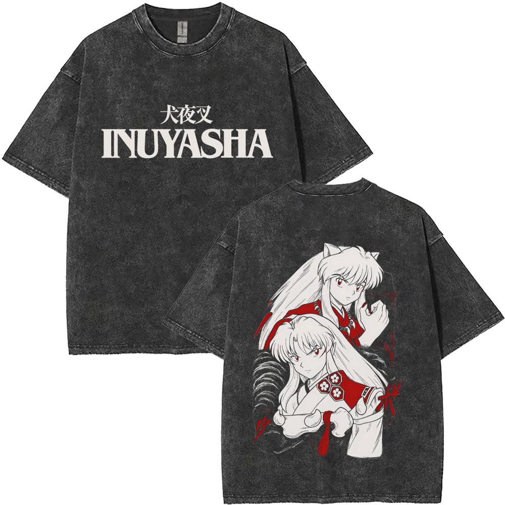 Washed Vintage Anime Inuyasha Graphic Print Tshirt Men Women Casual Oversized Cotton T Shirts Mens Retro Cartoon Streetwear