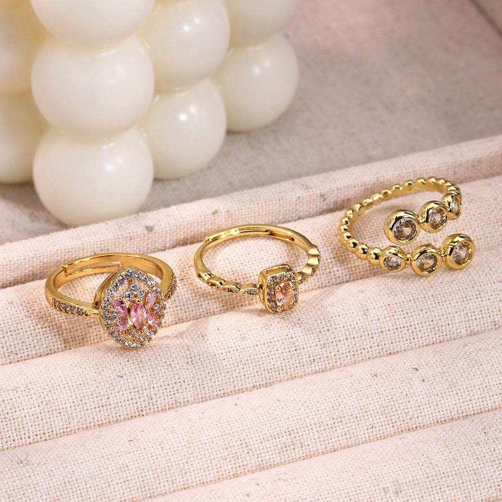 Pink Zircon Stainless Steel Ring for Women 18K Gold-plated Anti Fading Open Ring Wedding Jewelry Prom Accessories Christmas Gift