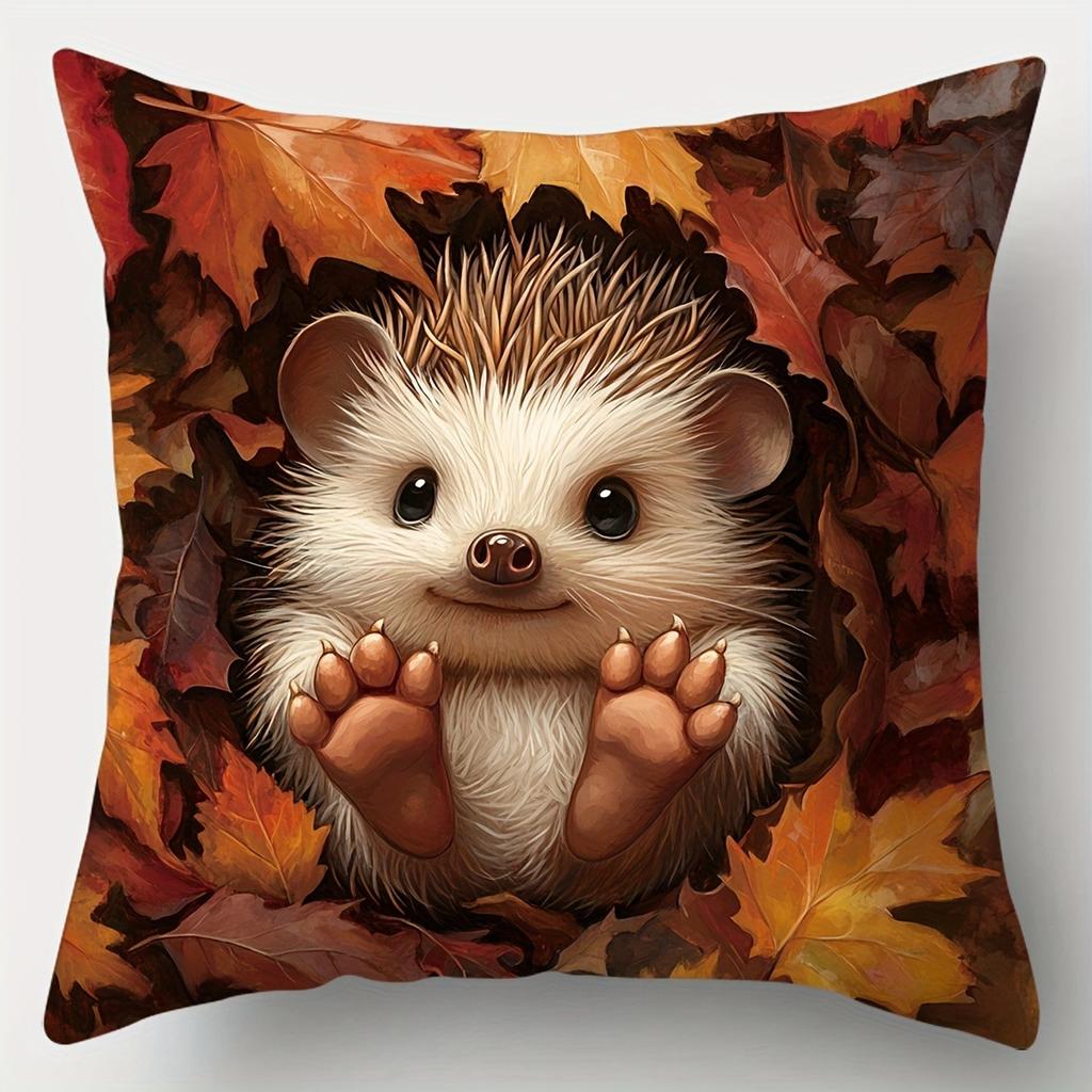 1pc Autumn Cute Hedgehog Maple Leaf Printed Pillowcase